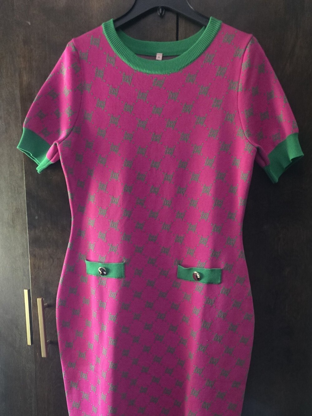 Pink and Green Short-Sleeve Knit Dress